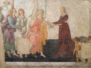 Sandro Botticelli: Französisch: Vénus et les trois Grâces offrant des présents à une jeune fille Venus und die drei Grazien beschenken Giovanna degli Albizzititle QS:P1476,fr:"Vénus et les trois Grâces offrant des présents à une jeune fille "label QS:Lfr,"Vénus et les trois Grâces offrant des présents à une jeune fille "label QS:Lit,"Venere e le tre Grazie offrono doni a una giovane"label QS:Lja,"若い婦人に贈り物をするヴィーナスと三美神"label QS:Lnl,"Venus and the Three Graces Presenting Gifts t