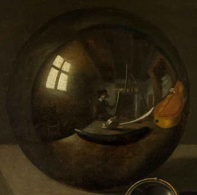 Pieter Claesz: Englisch: Still Life with a Self-portrait Stillleben mit Selbstbildnistitle QS:P1476,en:"Still Life with a Self-portrait "label QS:Len,"Still Life with a Self-portrait "label QS:Lde,"Stillleben mit Selbstbildnis"label QS:Lhe,"ואניטס – טבע דומם עם דיוקן עצמי"label QS:Lpl,"Vanitas – Martwa natura z autoportretem"label QS:Lfr,"Nature morte à l'autoportrait"
