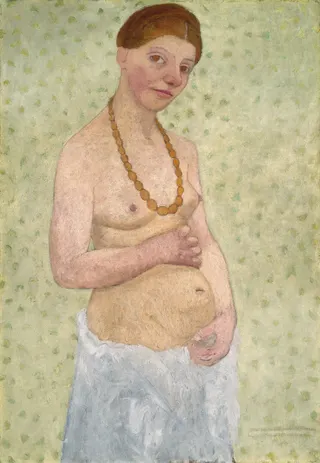 Paula Modersohn-Becker: Selbstbildnis am 6. Hochzeitstag label QS:Lde,"Selbstbildnis am 6. Hochzeitstag"label QS:Len,"Self-portrait on her 5th wedding anniversary"