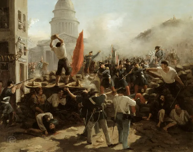 Horace Vernet: Französisch: Barricade dans la rue de Soufflot, à Paris, le 25 juin 1848 On the barricades on the Rue Soufflot, Paris, 25 June 1848title QS:P1476,fr:"Barricade dans la rue de Soufflot, à Paris, le 25 juin 1848"label QS:Lfr,"Barricade dans la rue de Soufflot, à Paris, le 25 juin 1848"label QS:Len,"On the barricades on the Rue Soufflot, Paris, 25 June 1848"