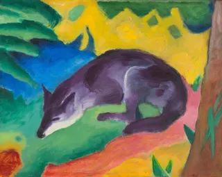 Franz Marc: Fuchs (Blauschwarzer Fuchs) title QS:P1476,de:"Fuchs (Blauschwarzer Fuchs) "label QS:Lde,"Fuchs (Blauschwarzer Fuchs) "label QS:Lit,"Volpe blu e nera"label QS:Lfr,"Le Renard bleu-noir"label QS:Lhe,"שועל כחול-שחור"label QS:Lvi,"Cáo xanh đen"label QS:Len,"Fox"label QS:Lda,"Blauschwarzer Fuchs"