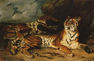 Eugène Delacroix: Französisch: Étude de deux tigres Junger Tiger spielt mit seiner Mutterlabel QS:Lfr,"Jeune tigre jouant avec sa mère"label QS:Len,"A Young Tiger Playing with its Mother"