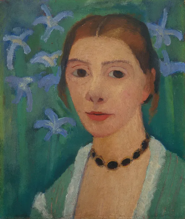 Paula Modersohn-Becker: Selbstbildnis vor grünem Hintergrund mit blauer Irislabel QS:Len,"Self-portrait in front of a green background with a blue iris"label QS:Lde,"Selbstbildnis vor grünem Hintergrund mit blauer Iris"