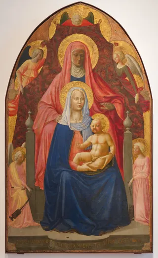 Masolino da Panicale / Masaccio: Englisch: Virgin and Child with Saint Anne Anna Selbdritttitle QS:P1476,en:"Virgin and Child with Saint Anne "label QS:Len,"Virgin and Child with Saint Anne "label QS:Lit,"Sant'Anna, la Madonna col Bambino e cinque angeli"label QS:Lfr,"Sant'Anna Metterza"label QS:Leu,"Ama Birjina eta Umea Santa Anarekin"label QS:Lca,"Verge amb el Nen i Santa Anna"label QS:Lde,"Anna Selbdritt"label QS:Lvi,"Virgin and Child with Saint Anne"label QS:Lzh,"聖安娜與聖母子 