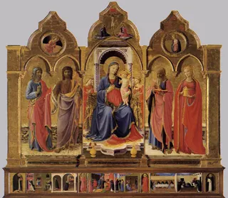Fra Angelico: Cortona Triptychonlabel QS:Lit,"Trittico di Cortona"label QS:Lfr,"Triptyque de Cortone"label QS:Lnl,"Madonna met kind en vier heiligen"label QS:Lca,"Cortona Triptych"label QS:Lde,"Cortona Triptychon"label QS:Lpt,"Tríptico de Cortona"label QS:Len,"Cortona Triptych"label QS:Lda,"Madonna med barnet, omgivet af engle og helgener"