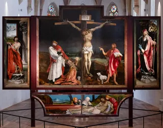 Matthias Grünewald / Niklaus von Hagenau: Englisch: The Isenheim Altarpiece Isenheimer Altartitle QS:P1476,en:"The Isenheim Altarpiece "label QS:Len,"The Isenheim Altarpiece "label QS:Les,"Retablo de Isenheim"label QS:Lfr,"Retable d'Issenheim"label QS:Laf,"Issenheim-altaarstuk"label QS:Lhr,"Isenheimski oltar"label QS:Lzh-hans,"伊森海姆祭坛画"label QS:Lhu,"Isenheimi oltár"label QS:Lca,"Isenheim Altarpiece"label QS:Lsk,"Isenheimský oltár"label QS:Lde,"Isenheimer Altar"label QS:Lpt,"Re