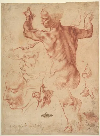 Michelangelo Buonarroti: Studies for the Libyan Sibyl (recto); Studies for the Libyan Sibyl and a small Sketch for a Seated Figure (verso)