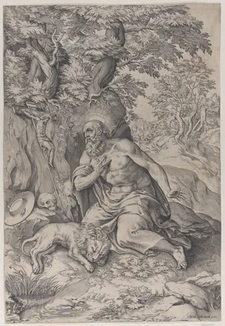 Michelangelo Marelli: Saint Jerome in the wilderness, with a lion at left