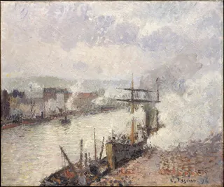 Camille Pissarro: Englisch: Steamboats in the Port of Rouen Steamboats in the Port of Rouenlabel QS:Lda,"Dampskibe i havnen i Rouen"label QS:Len,"Steamboats in the Port of Rouen"