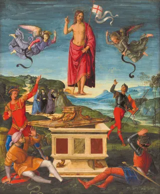 Raffael: Auferstehung Jesu Christi label QS:Lit,"Resurrezione di Gesù Cristo" label QS:Lhu,"Jézus feltámadása" label QS:Lru,"Воскресение Иисуса Христа" label QS:Lde,"Auferstehung Jesu Christi" label QS:Lpt,"A Ressurreição de Jesus Cristo" label QS:Lsl,"Kristusovo vstajenje" label QS:Lpl,"Zmartwychwstanie Jezusa Chrystusa" label QS:Lnl,"De wederopstanding van Christus" label QS:Les,"Resurrección de Cristo" label QS:Lfr,"La Résurrection du Christ" label QS:Lmk,"Воскресението на