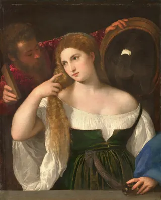 Tizian: Französisch: La Femme au miroir Junge Frau bei der Toilettelabel QS:Lde,"Junge Frau bei der Toilette"label QS:Lit,"Donna allo specchio"label QS:Lfr,"La Femme au miroir"label QS:Len,"Woman with a Mirror"