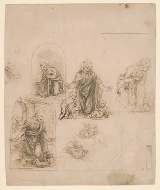 Leonardo da Vinci: Compositional Sketches for the Virgin Adoring the Christ Child, with and without the Infant St. John the Baptist; Diagram of a Perspectival Projection (recto); Slight Doodles (verso)