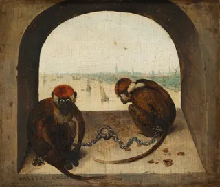 Pieter Bruegel der Ältere: Englisch: Two Chained Monkeys Zwei angekettete Affentitle QS:P1476,en:"Two Chained Monkeys "label QS:Len,"Two Chained Monkeys "label QS:Les,"Dos Monos"label QS:Lfr,"Deux Singes"label QS:Lca,"Two Chained Monkeys"label QS:Lde,"Zwei angekettete Affen"label QS:Lbe,"Дзве малпы"label QS:Lda,"To aber"label QS:Lsl,"Dve opici"label QS:Lja,"2匹の猿"label QS:Lsv,"Två fastkedjade apor"label QS:Lpl,"Dwie małpy"label QS:Luk,"Дві мавпи з видом на Антверпен"label QS:L