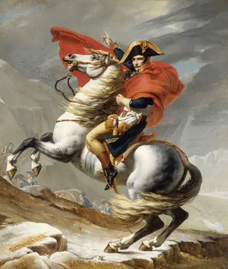 Jacques-Louis David / Ehemals zugeschrieben an Jêrome-Martin Langlois: Französisch: Bonaparte franchissant le mont Saint-Bernard, 20 mai 1800 Bonaparte beim Überschreiten der Alpen am Großen Sankt Bernhardtitle QS:P1476,fr:"Bonaparte franchissant le mont Saint-Bernard, 20 mai 1800 "label QS:Lfr,"Bonaparte franchissant le mont Saint-Bernard, 20 mai 1800 "label QS:Lit,"Napoleone attraversa il passo del Gran San Bernardo"label QS:Lnl,"Napoleon Bonaparte steekt de Alpen over op d