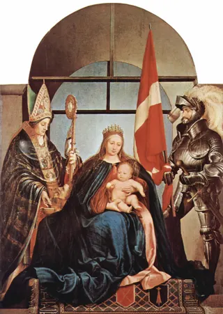 Hans Holbein der Jüngere: Gerster-Altar, Szene: Thronende Madonna, links: Hl. Nicolaus von Myra, rechts: Hl. Ursus