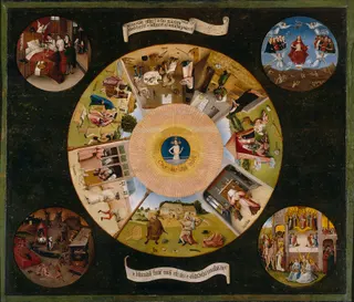 Hieronymus Bosch oder Nachahmer: Niederländisch: Tafelblad met de zeven hoofdzonden Die sieben Todsündenlabel QS:Lde,"Die sieben Todsünden"label QS:Lfr,"Les sept péchés capitaux"label QS:Lnl,"De zeven Hoofdzonden"label QS:Lpt,"Os sete pecados capitais"label QS:Len,"The Seven Deadly Sins"