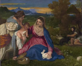 Tizian: Französisch: La Vierge à l'Enfant avec sainte Catherine d'Alexandrie et un berger Die Madonna mit dem Kaninchentitle QS:P1476,fr:"La Vierge à l'Enfant avec sainte Catherine d'Alexandrie et un berger "label QS:Lfr,"La Vierge à l'Enfant avec sainte Catherine d'Alexandrie et un berger "label QS:Lit,"Madonna del Coniglio"label QS:Lhu,"Nyulas Madonna"label QS:Leu,"Andre Maria untxiarekin"label QS:Lru,"Мадонна с кроликом"label QS:Lde,"Die Madonna mit dem Kaninchen"label QS: